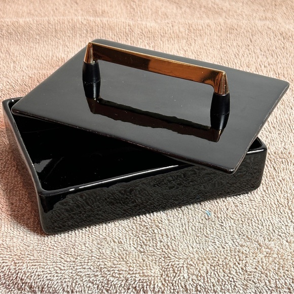 MCM Royal Haeger Pottery Simple Black Box W/Gold Handle Covered Trinket Box - Picture 1 of 11